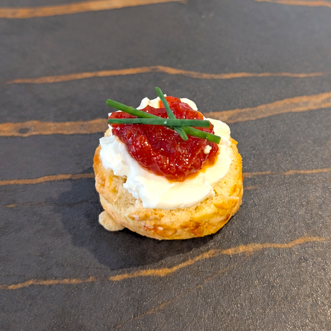 Miniature Cheese Scones with Cream Cheese & Rich Tomato Chutney (V)